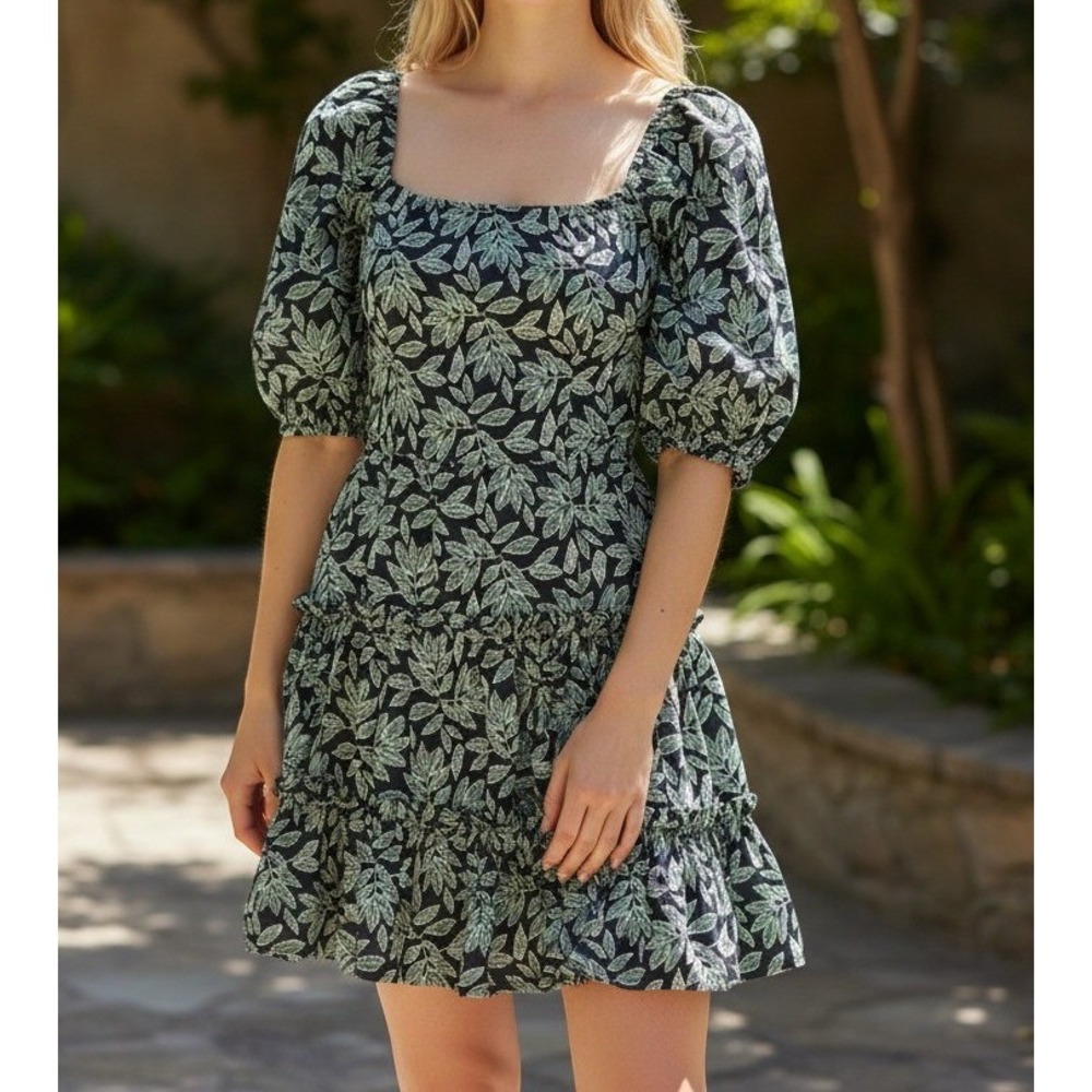En Saison Arielle Leaf Fit & Flare Minidress Green White Forest Navy Large NEW